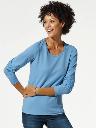 Baumwoll-Basic-Shirt Langarm Jeansblau