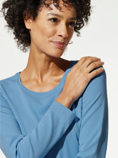Baumwoll-Basic-Shirt Langarm Jeansblau