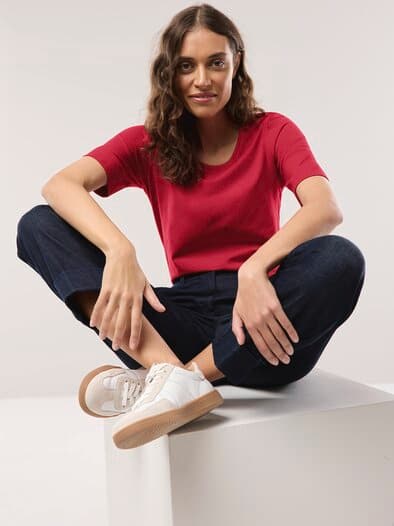 Baumwoll-Basic-Shirt Halbarm Feuerrot