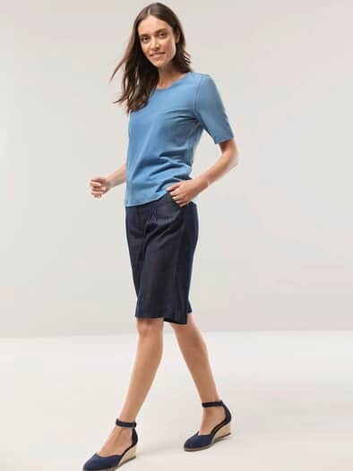 Baumwoll-Basic-Shirt Halbarm Jeansblau