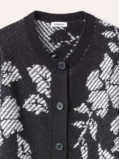 Jacquard Strickjacke mit Blütenmotiv Schwarz/Weiß