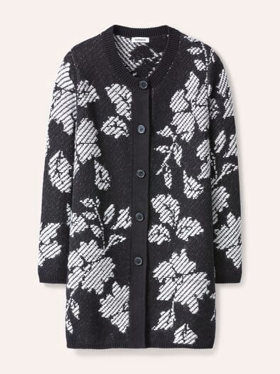Jacquard Strickjacke mit Blütenmotiv Schwarz/Weiß