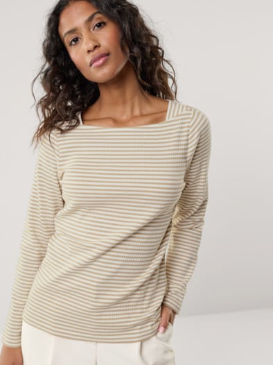 Baumwollshirt Ripp Ringel Weiß/Beige