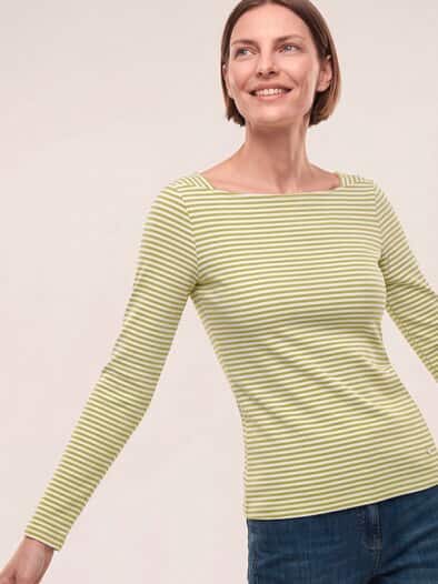 Baumwollshirt Ripp Ringel Weiß/Erbsengrün