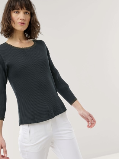 Rippshirt Spitzendetail Schwarz