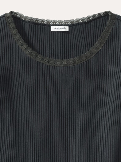 Rippshirt Spitzendetail Schwarz
