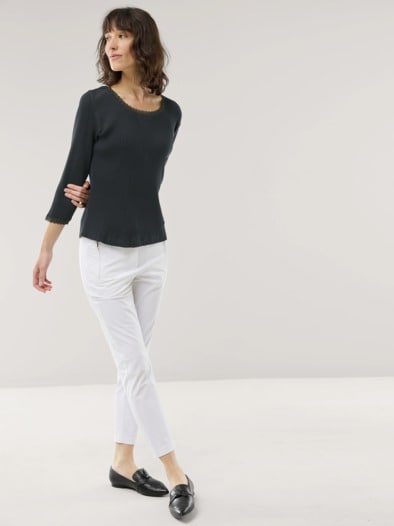 Rippshirt Spitzendetail Schwarz