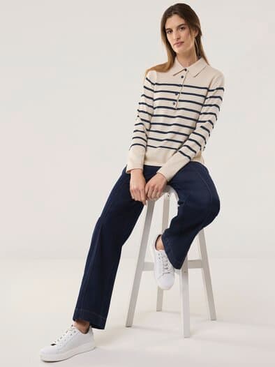 Polo-Pullover mit Seide Creme/Nachtblau