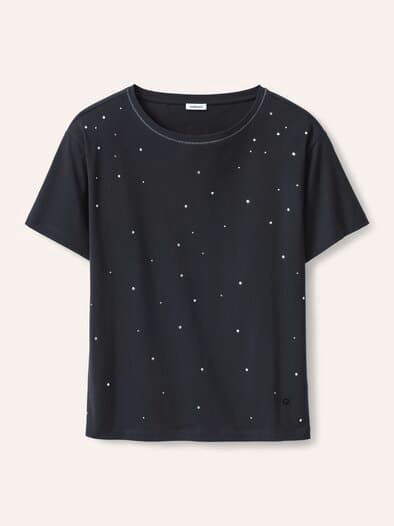 Baumwollshirt mit Glitzersteinen Schwarz
