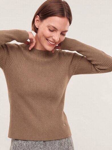 Baumwollmix Pullover in Rippenstrick Optik Praline