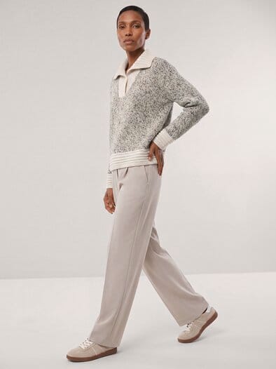 Tweed Pullover mit weitem Kragen Multicolor Creme