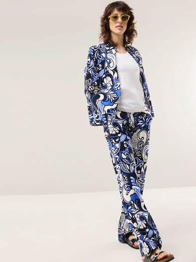 Kombihose aus Leinenmix AOP Blau