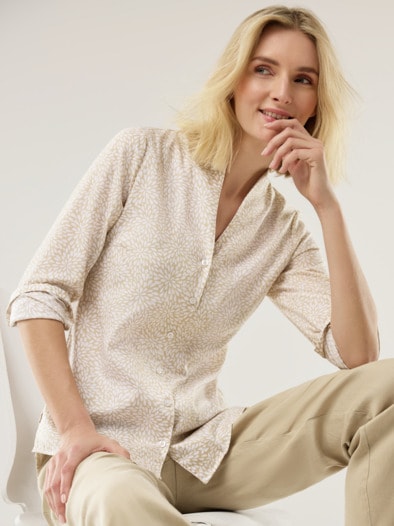 Extraglatt-Bluse Kelchkragen Minimal Safaribeige