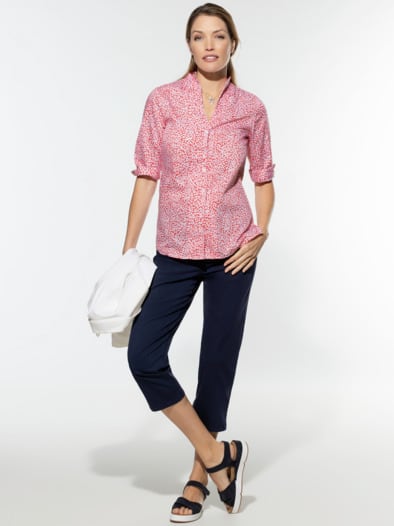 Extraglatt-Bluse Kelchkragen Minimal Koralle