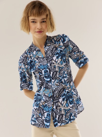 Baumwoll Bluse Krempelarm Floral Marine Weiß