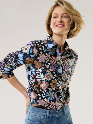 Aktiv Flanell Hemdbluse Blume Marine