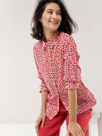 Extraglatt Baumwoll-Bluse Blume Rot