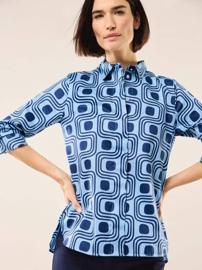 Baumwollbluse mit langer Manschette Grafik Skyblue