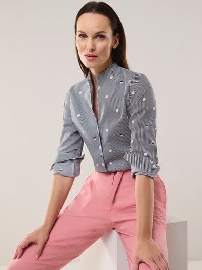 Extraglatt-Bluse Kelchkragen Tupfen Schwarz