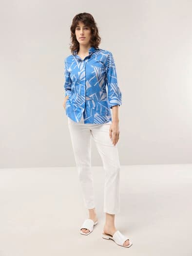 Tunika-Bluse mit Stehkragen Jeansblau Offwhite