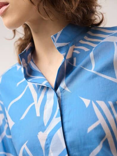 Tunika-Bluse mit Stehkragen Jeansblau Offwhite