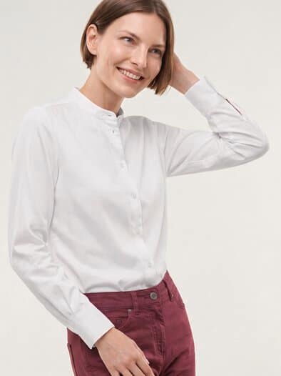 Bluse mit Stehkragen Baumwollsatin Weiß