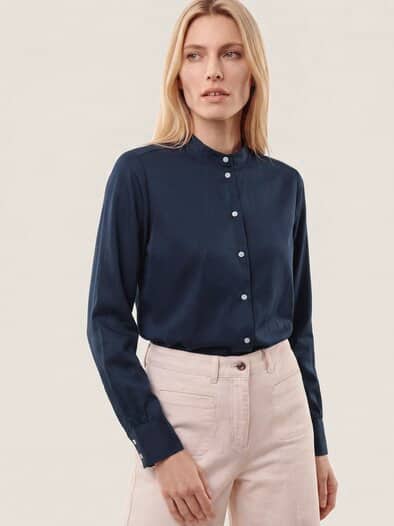 Bluse mit Stehkragen Baumwollsatin Uni Nachtblau