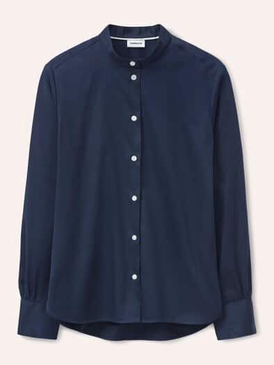 Bluse mit Stehkragen Baumwollsatin Uni Nachtblau