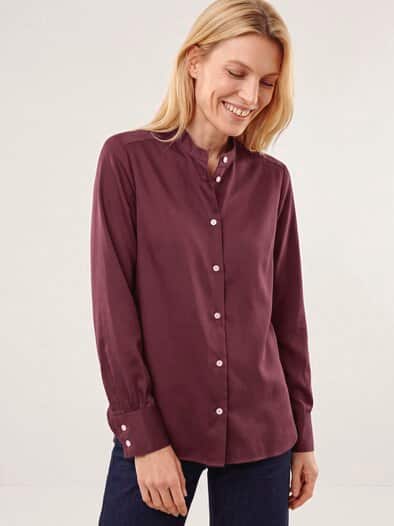 Bluse mit Stehkragen Baumwollsatin Uni Merlot