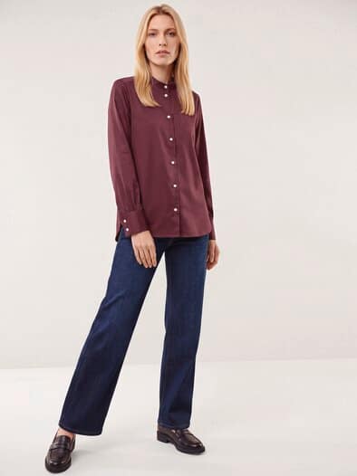 Bluse mit Stehkragen Baumwollsatin Uni Merlot