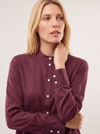 Bluse mit Stehkragen Baumwollsatin Uni Merlot