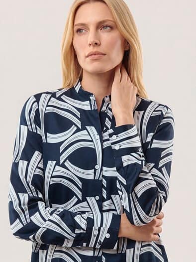 Bluse mit Stehkragen Baumwollsatin Druck Blau