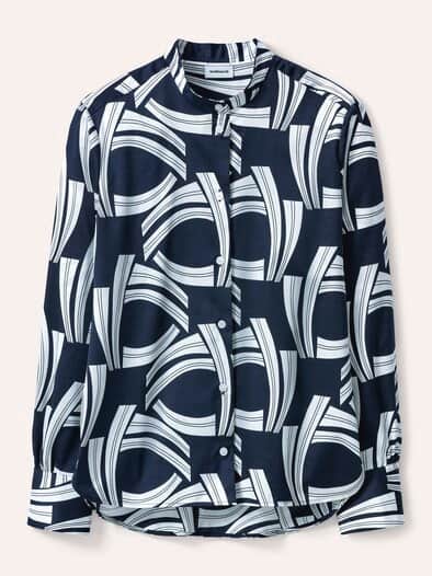 Bluse mit Stehkragen Baumwollsatin Druck Blau