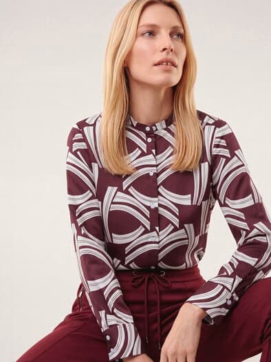 Bluse mit Stehkragen Baumwollsatin Druck Rot