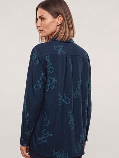 Hemdbluse aus Flanell mit Stickerei Nachtblau