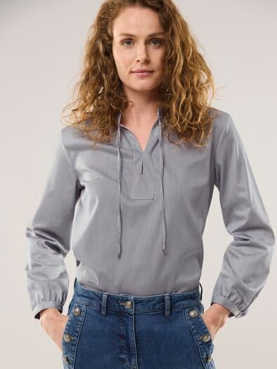 Shirtbluse aus Baumwollsatin Nachtblau gestreift