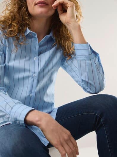 Extraglatt Baumwoll-Bluse Streifen Skyblue