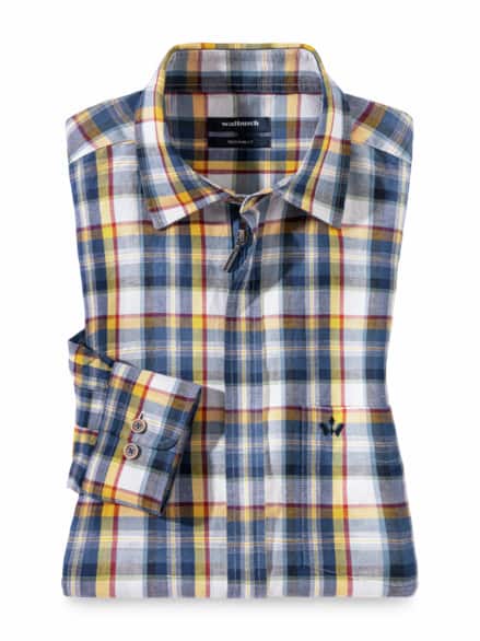 Leinen-Mix Hemd Zip & Go Karo Blau Leinen-Mix Hemd Zip & Go Karo Blau