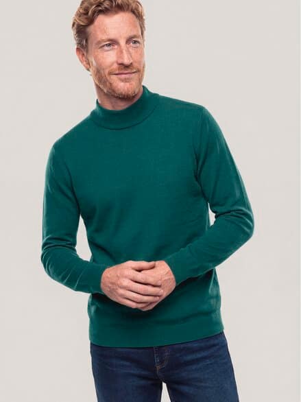 Stehbund-Pullover Merino Extrafein Blaugrün