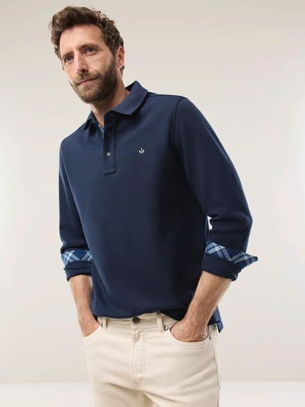 Jacquard Langarmpolo Marine