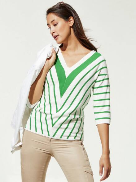 Wohlfühl-Pullover Diagonalstreifen Blattgrün/Offwhite
