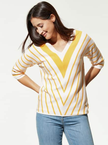 Wohlfühl-Pullover Diagonalstreifen Sonnengelb/Offwhite