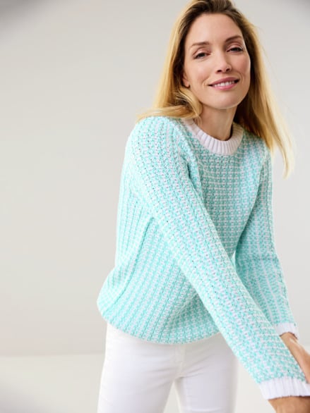 Bändchen Pullover Bicolor Aqua/Weiß Bändchen Pullover Bicolor Aqua/Weiß