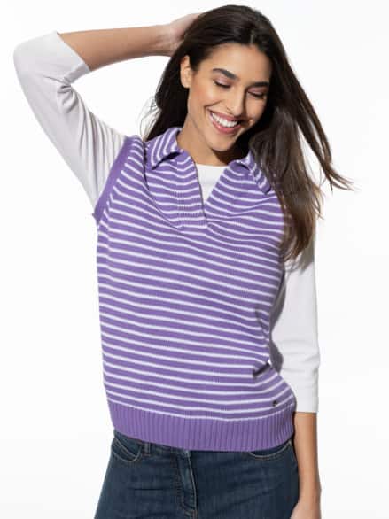 Streifen-Pullunder Polokragen Lavendel/Weiß