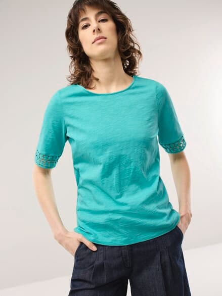 Baumwollshirt Dekospitze Wasserblau