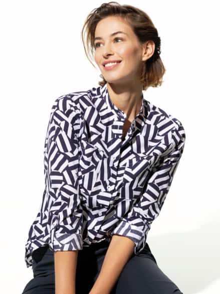 Extraglatt-Bluse Stehkragen Grafik Marine