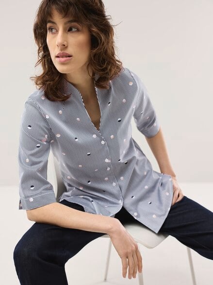 Extraglatt-Bluse Kelchkragen Tupfen Schwarz