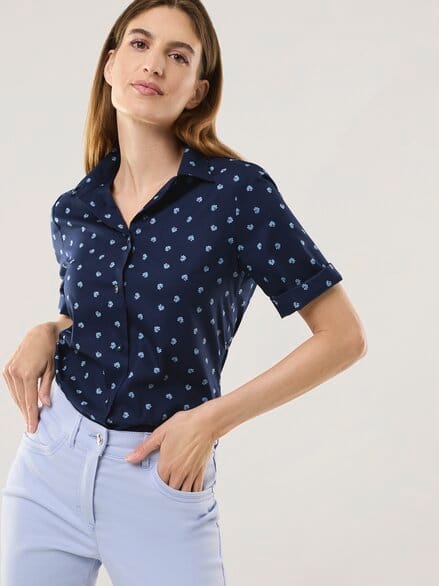 Extraglatt-Hemdbluse Everyday 2.0 Blumendruck Marine