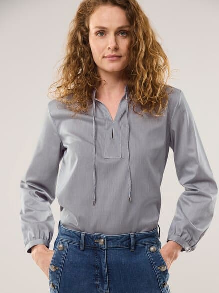 Shirtbluse aus Baumwollsatin Nachtblau gestreift