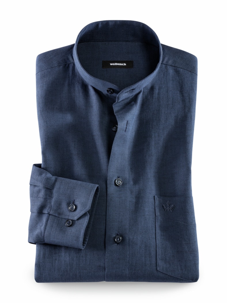 Stehkragen-Leinenhemd Blau